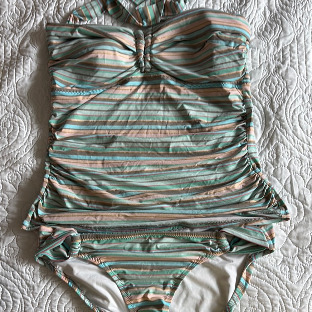 Lands' End Green and Pink Striped Tankini